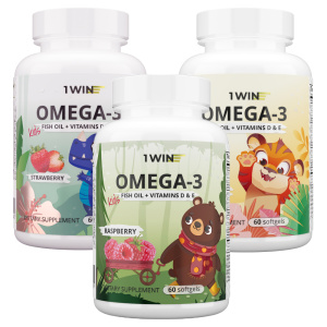 1WIN / Набор из 3-х Omega-3 kids / Вкус: Клубника 60 капсул, Апельсин 60 капсул, Малина и травы 60 капсул.